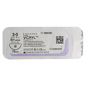 Хірургічна нитка Ethicon Вікрил (Vicryl) 3/0, довжина 75 см, кільк. голка 26 мм, W9120