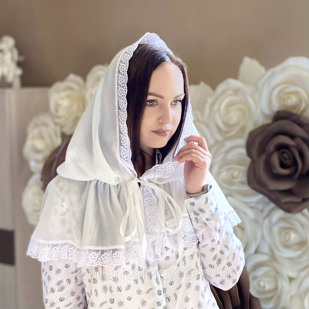 Палантин жіночий церковний "Діва Марія" Шифон Молочний BetiS, фото 1