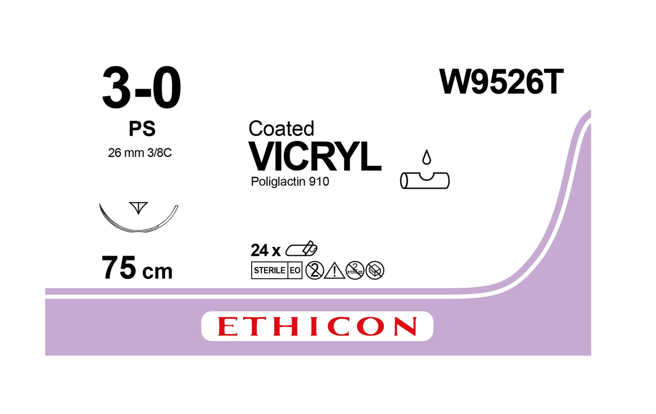 Хірургічна нитка Ethicon Вікріл (Vicryl) 3/0, довжина 75 см, обр-реж. голка 26 мм, W9526T, фото 1
