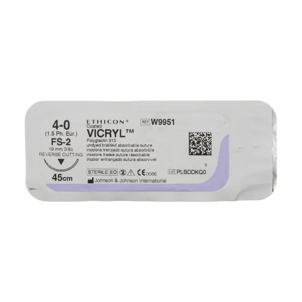 Хірургічна нитка Ethicon Вікрил (Vicryl) 4/0, довжина 45 см, обр-реж. голка 19 мм, W9951