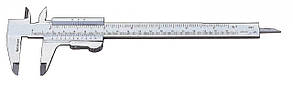 Штангенциркуль 150 мм; межа 0-150 мм, крок 0,05 мм; шкали метрична і дюймова; самоблокуючий механізм; внутрішні та зовнішні заміри