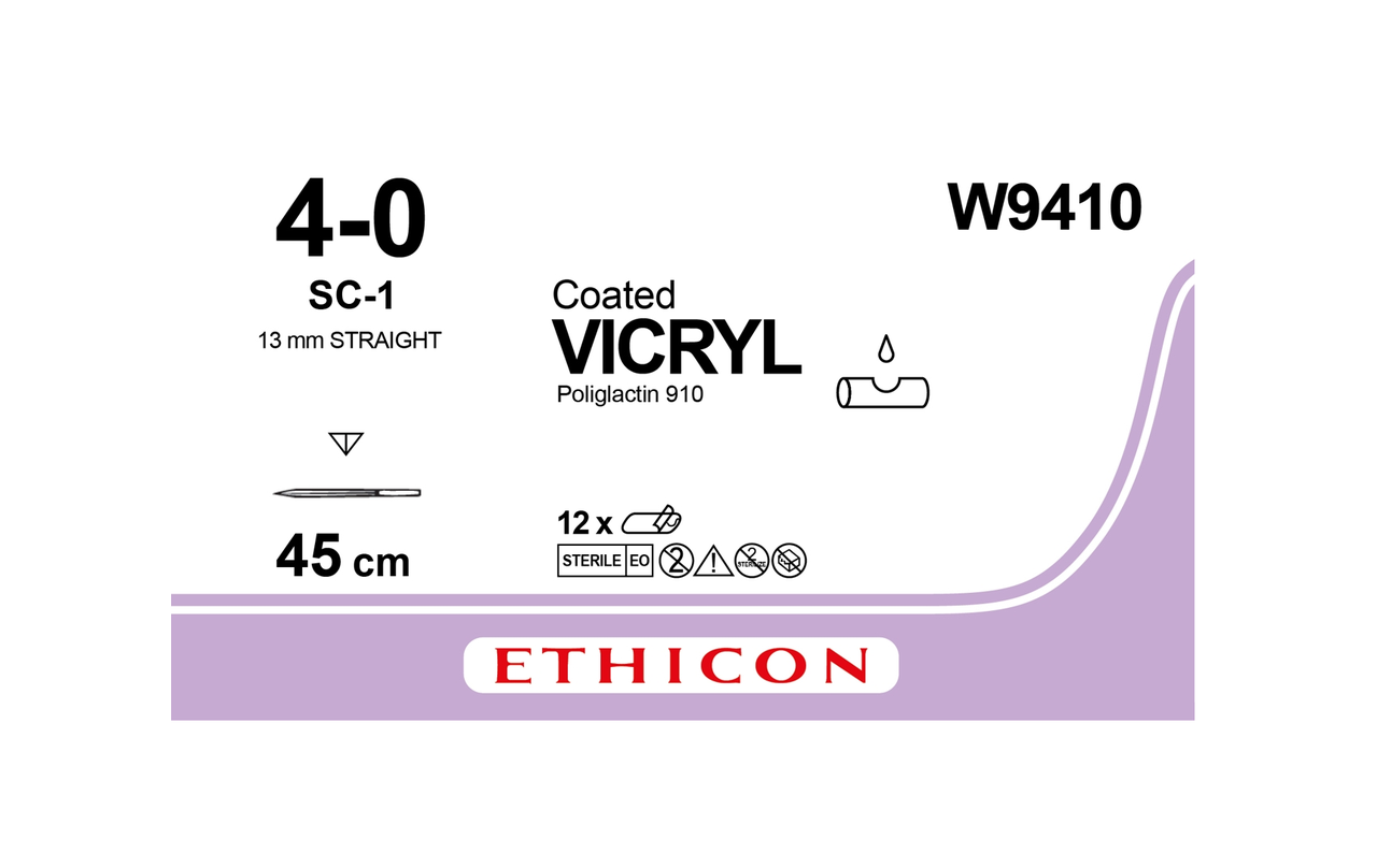 Хірургічна нитка Ethicon Вікрил (Vicryl) 4/0, довжина 45 см, реж. голка 13 мм, W9410