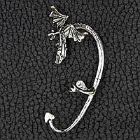 Кафа вінтаж срібляста металева кільція пиляльний дракон без застібки розмір сережки 70х35 мм