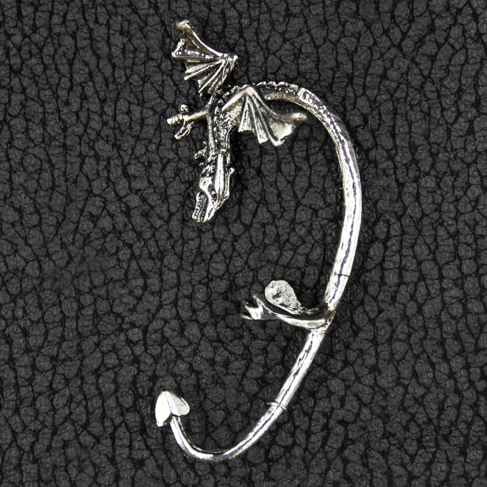 Кафа вінтаж срібляста металева кільція пиляльний дракон без застібки розмір сережки 70х35 мм - фото 1 - id-p1710131807