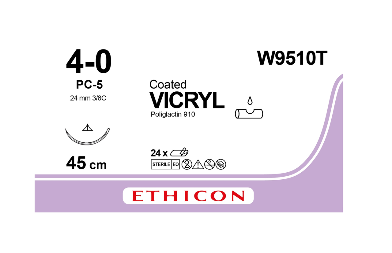 Хірургічна нитка Ethicon Вікріл (Vicryl) 4/0, довжина 45 см, різ. голка 19 мм, W9510T