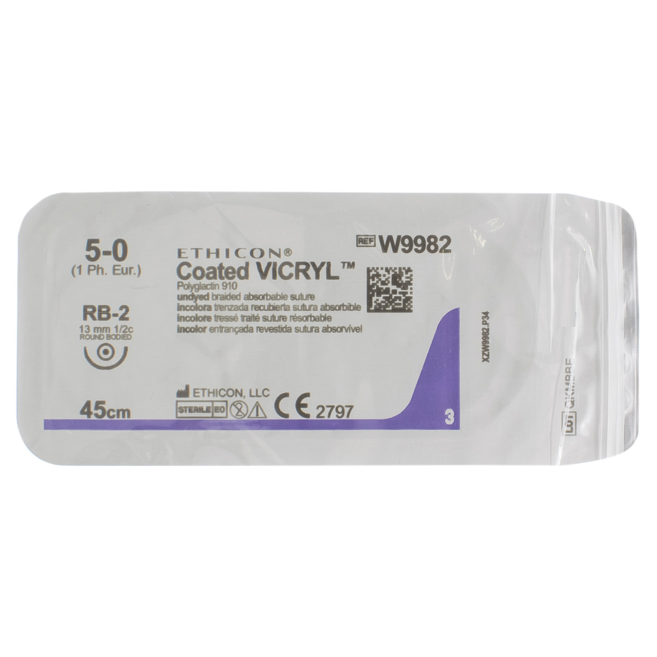 Хірургічна нитка Ethicon Вікрил (Vicryl) 5/0, довжина 45 см, кільк. голка 13 мм, W9982