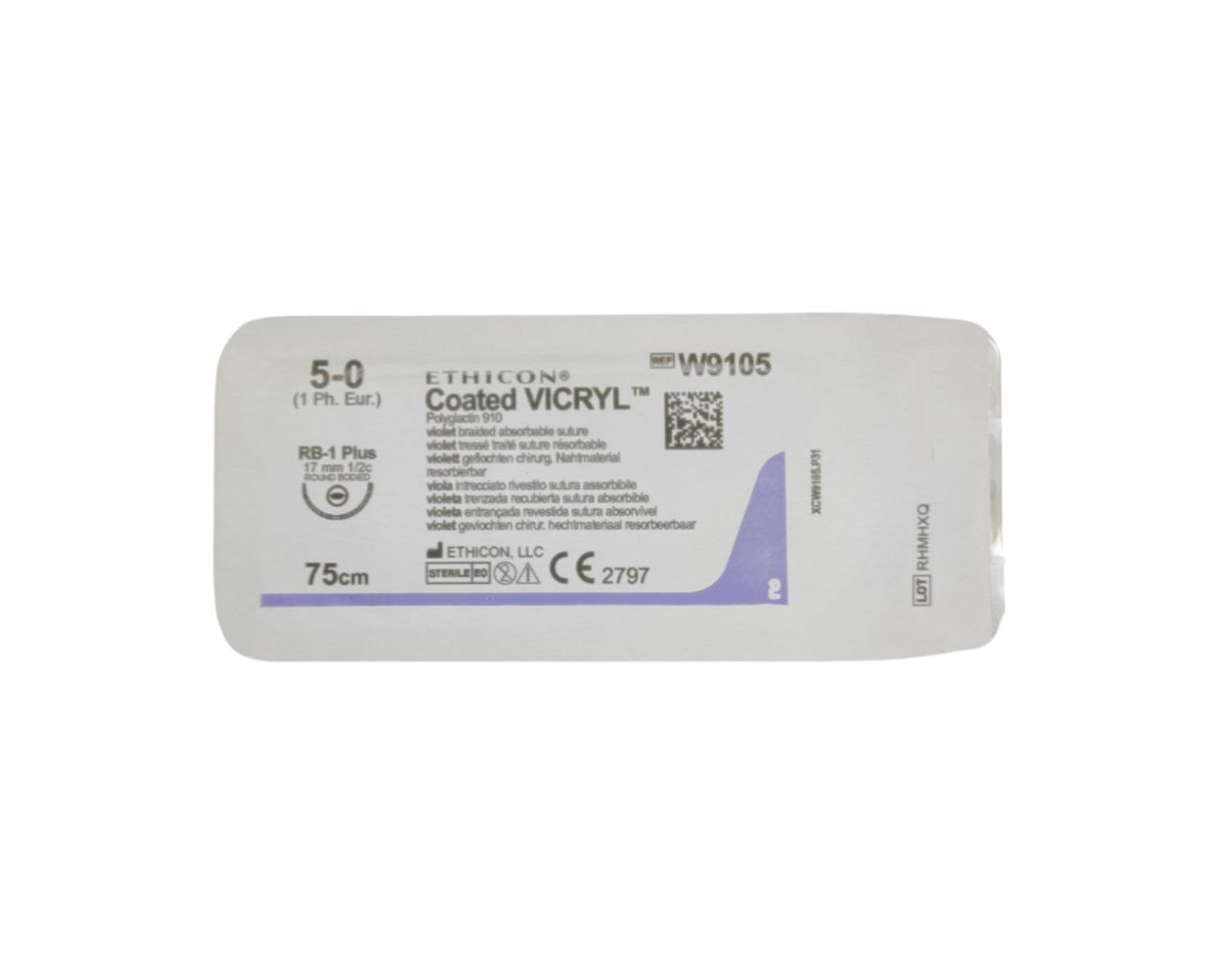 Хірургічна нитка Ethicon Вікрил (Vicryl) 5/0, довжина 75 см, кільк. голка 17 мм, W9105, фото 1
