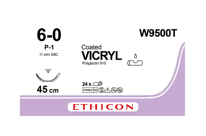 Хірургічна нитка Ethicon Вікрил (Vicryl) 6/0, довжина 45 см, обр-реж. голка 11 мм, W9500T, фото 1