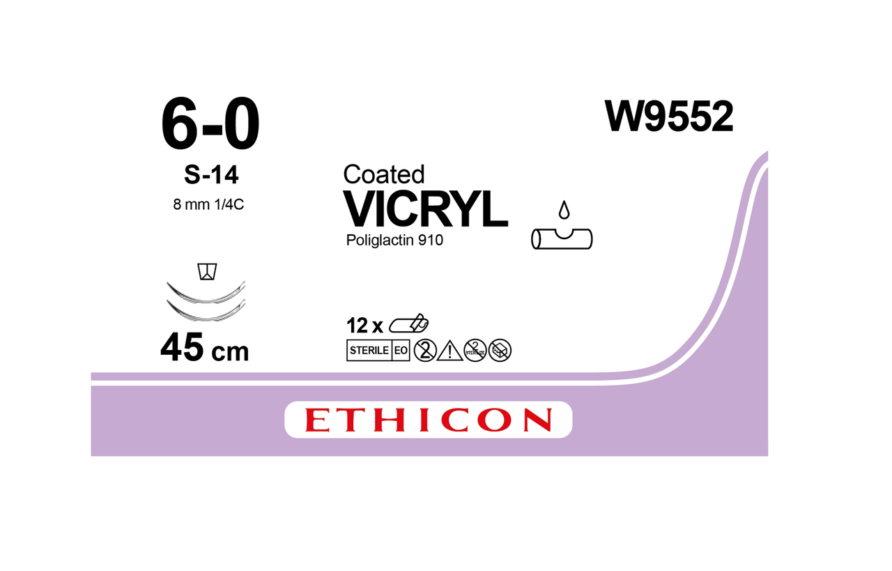 Хірургічна нитка Ethicon Вікрил (Vicryl) 6/0, довжина 45 см, 2 голки шпателі 8 мм, W9552