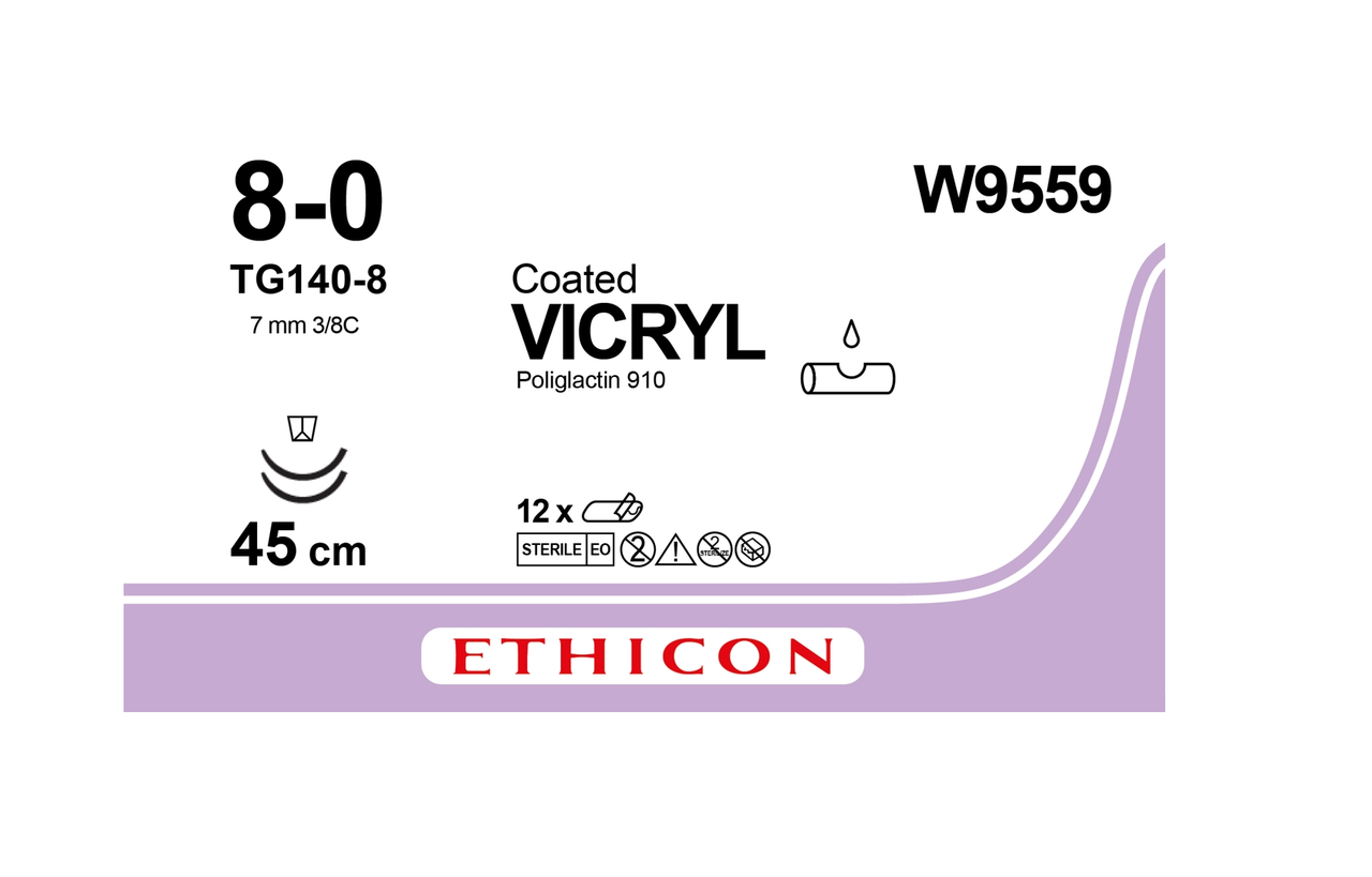 Хірургічна нитка Ethicon Вікрил (Vicryl) 8/0, довжина 45 см, 2 голки шпателі 6,5 мм, W9559, фото 1