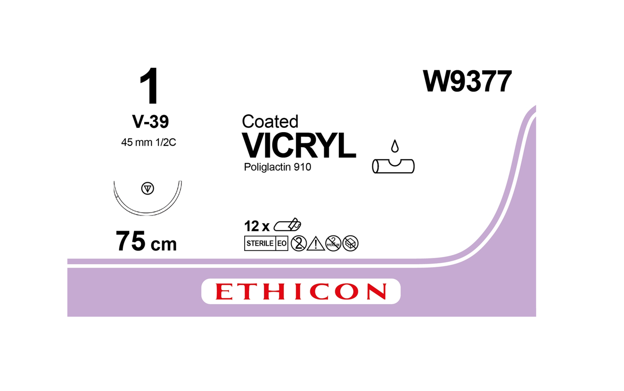 Хірургічна нитка Ethicon Вікрил (Vicryl) 1, довжина 75 см, кільк. голка 45 мм, W9377, фото 1