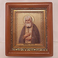 Икона Серафим Саровский преподобный чудотворец, лик 10х12 см, в коричневом деревянном киоте