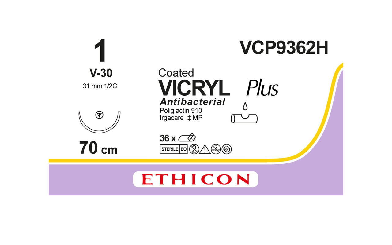 Хірургічна нитка Ethicon Вікрил Плюс (Vicryl Plus) 1, довжина 70 см, кільк. голка 31 мм, VCP9362H