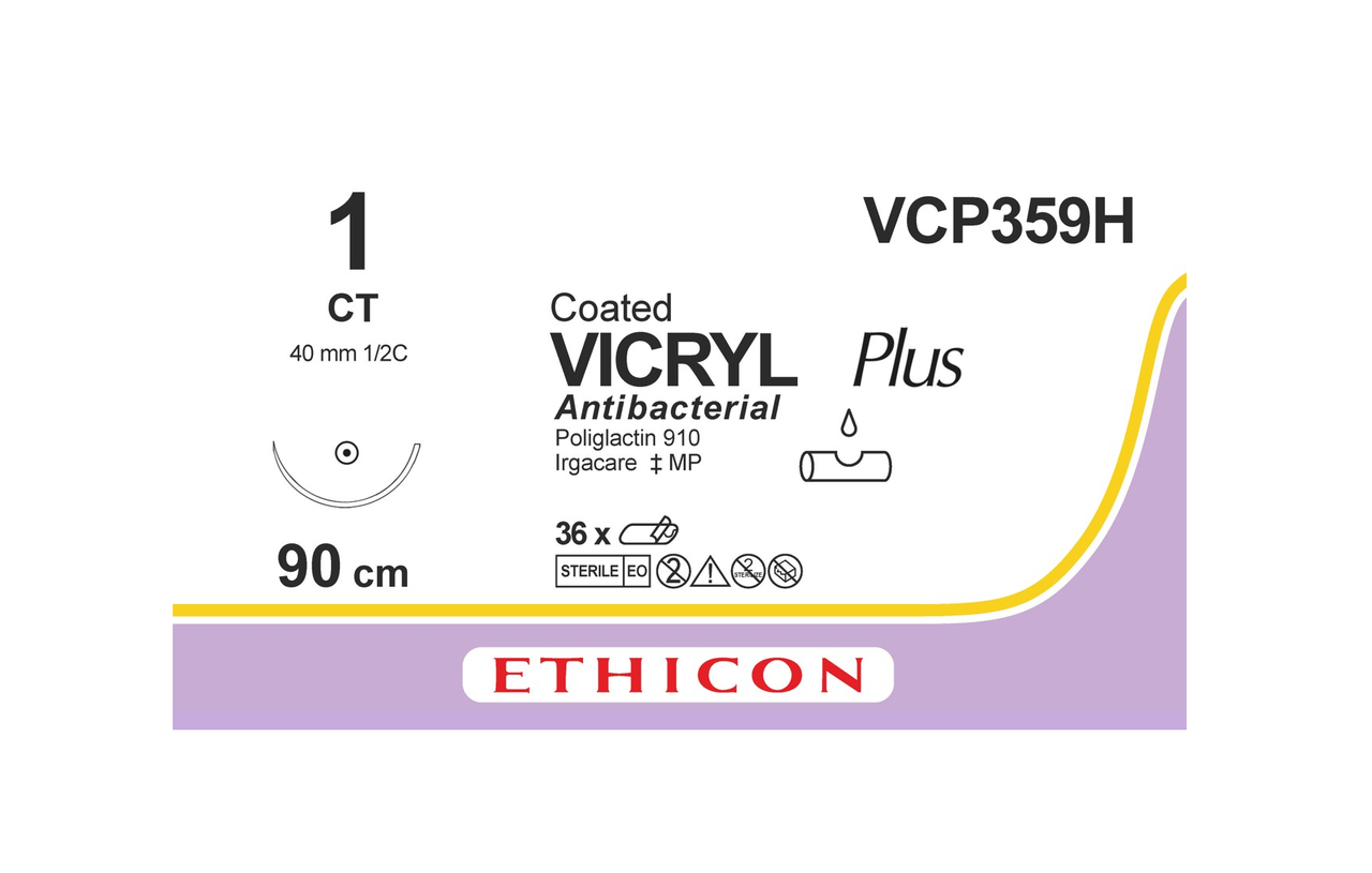 Хірургічна нитка Ethicon Вікрил Плюс (Vicryl Plus) 1, довжина 90 см, кільк. голка 40 мм, VCP359H