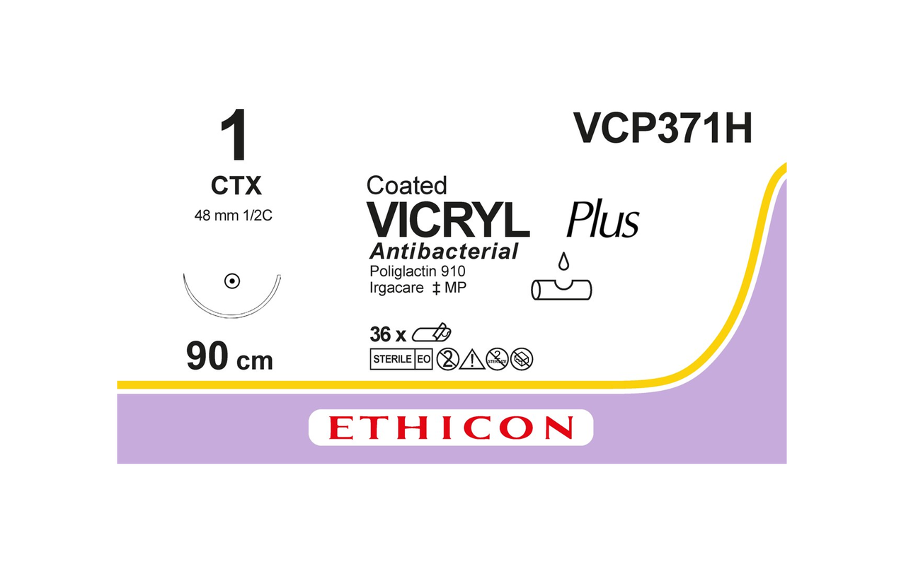 Хірургічна нитка Ethicon Вікрил Плюс (Vicryl Plus) 1, довжина 90 см, кільк. голка 48 мм, VCP371H, фото 1