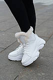 Жіночі зимові білі шкіряні черевики спортивного стилю на високій підошві, фото 3