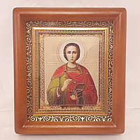 Икона Пантелеймон святой великомученник и целитель, лик 10х12 см, в коричневом деревянном киоте