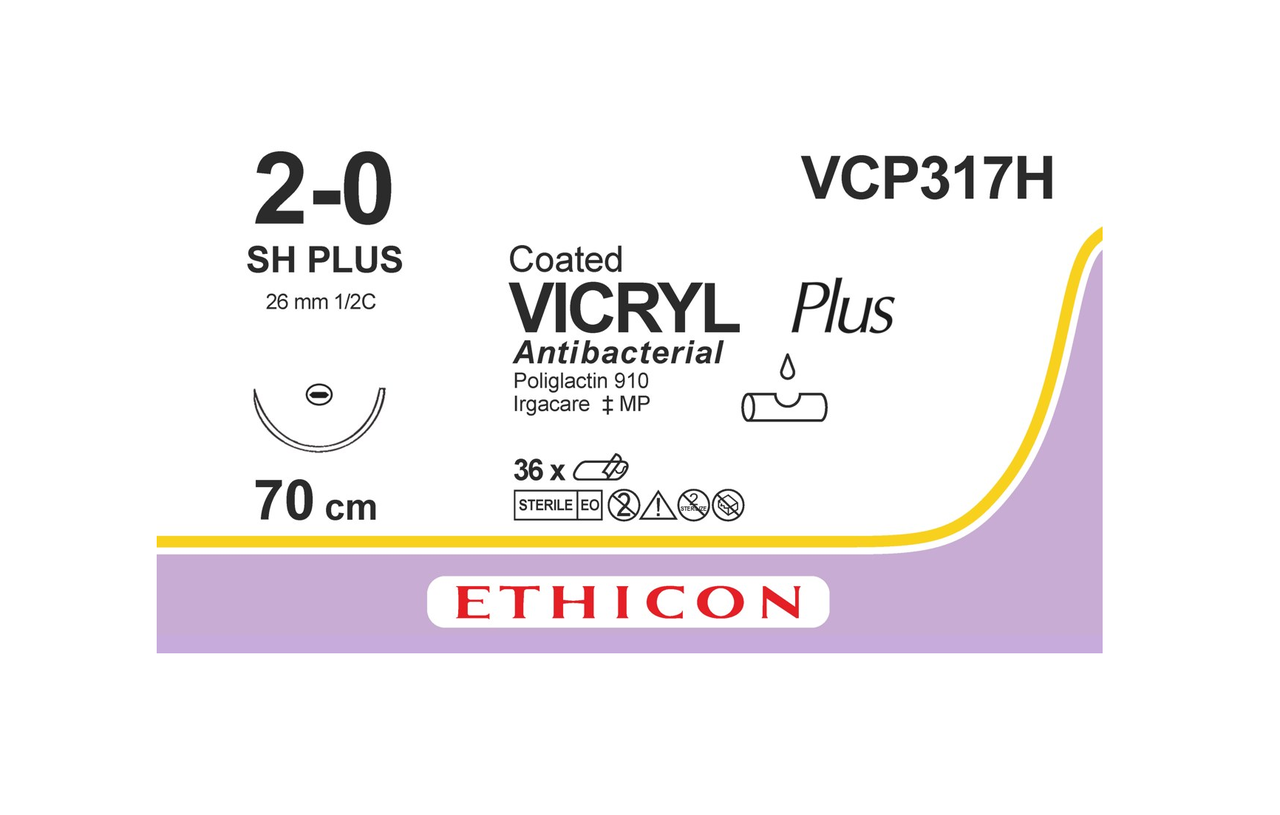 Хірургічна нитка Ethicon Вікрил Плюс (Vicryl Plus) 2/0, довжина 70 см, кільк. голка 26 мм, VCP317H