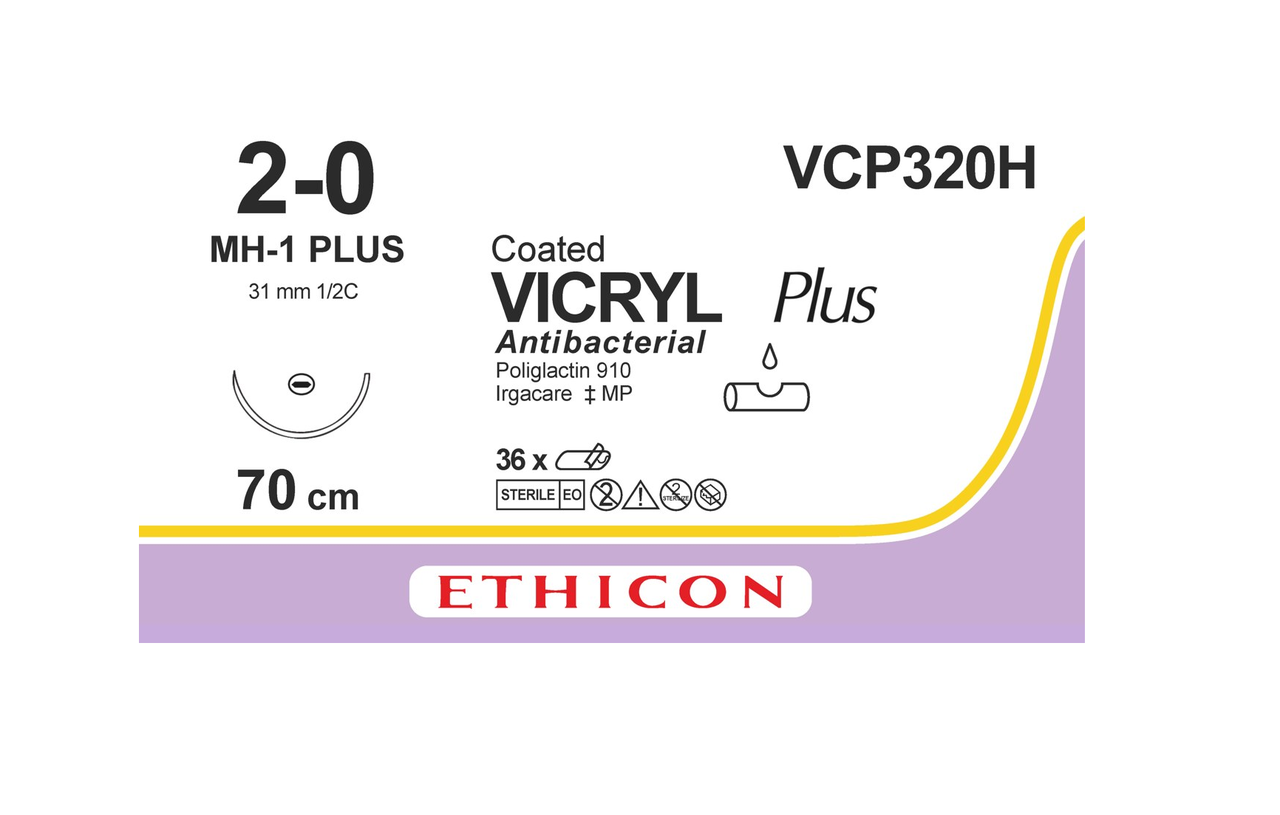 Хірургічна нитка Ethicon Вікрил Плюс (Vicryl Plus) 2/0, довжина 70 см, кільк. голка 31 мм, VCP320H