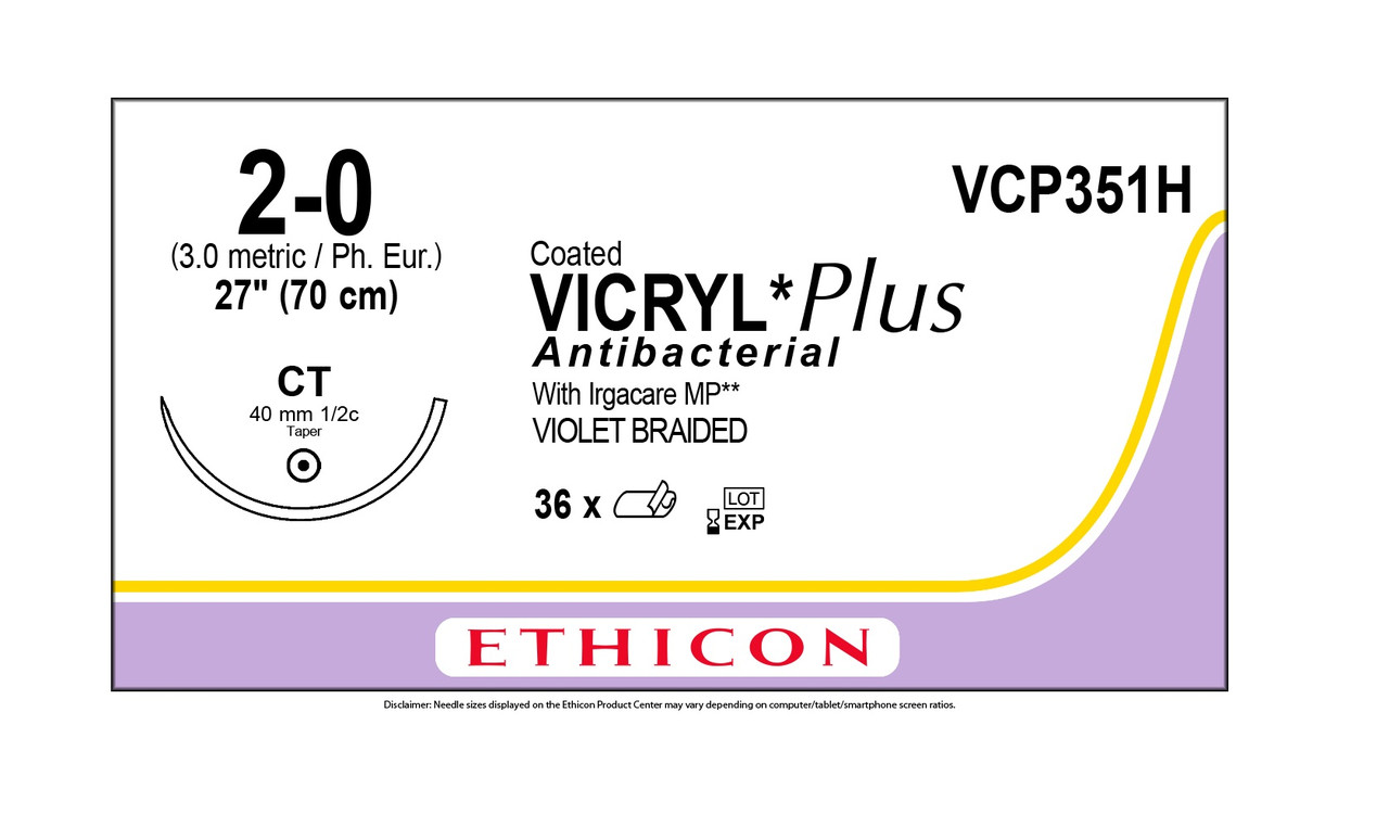 Хірургічна нитка Ethicon Вікрил Плюс (Vicryl Plus) 2/0, довжина 70 см, кільк. голка 40 мм, VCP351H
