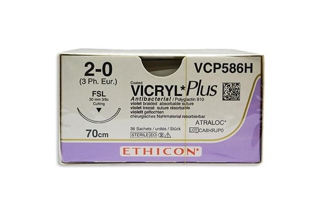 Хірургічна нитка Ethicon Вікрил Плюс (Vicryl Plus) 2/0, довжина 70 см, обр-реж. голка 30 мм, VCP586H