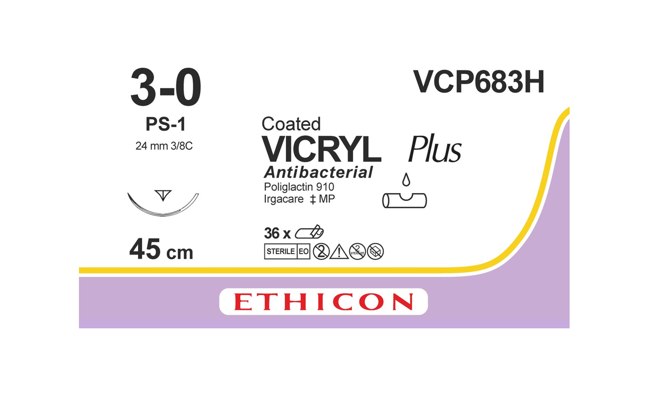Хірургічна нитка Ethicon Вікрил Плюс (Vicryl Plus) 3/0, довжина 45 см, обр-реж. голка 24 мм, VCP683H, фото 1