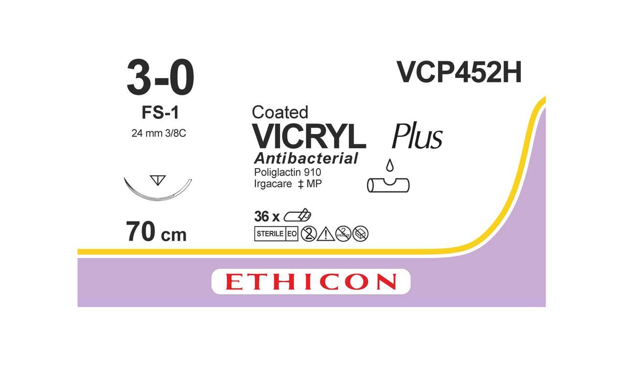 Хірургічна нитка Ethicon Вікрил Плюс (Vicryl Plus) 3/0, довжина 70 см, обр-реж. голка 24 мм, VCP452H