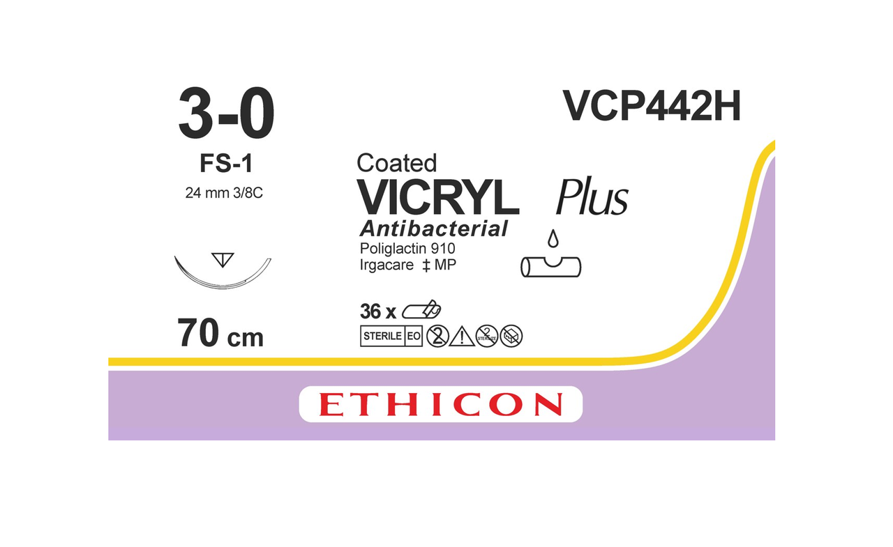 Хірургічна нитка Ethicon Вікрил Плюс (Vicryl Plus) 3/0, довжина 70 см, обр-реж. голка 24 мм, VCP442H, фото 1