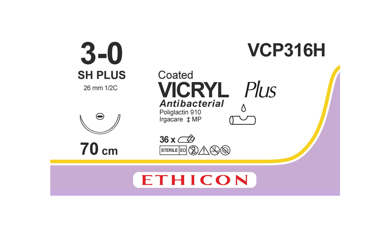 Хірургічна нитка Ethicon Вікрил Плюс (Vicryl Plus) 3/0, довжина 70 см, кільк. голка 26 мм, VCP316H