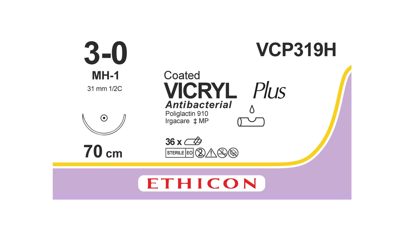 Хірургічна нитка Ethicon Вікрил Плюс (Vicryl Plus) 3/0, довжина 70см, кільк. голка 31мм VCP319H