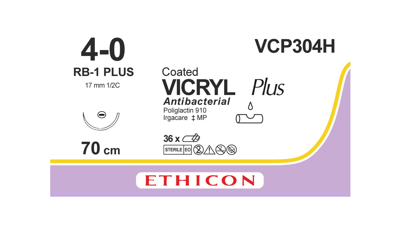 Хірургічна нитка Ethicon Вікрил Плюс (Vicryl Plus) 4/0, довжина 70 см, кільк. голка 17 мм, VCP304H