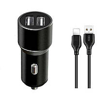 Автомобільний зарядний пристрій (адаптер) XO TZ09 2USB / 2.4A / 12W black + кабель Lightning Apple