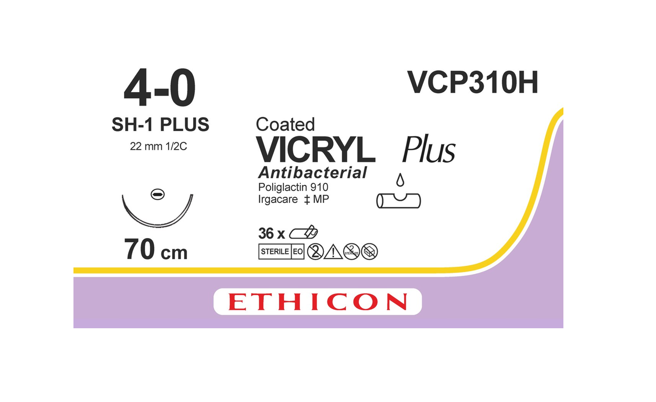 Хірургічна нитка Ethicon Вікрил Плюс (Vicryl Plus) 4/0, довжина 70 см, кільк. голка 22 мм, VCP310H