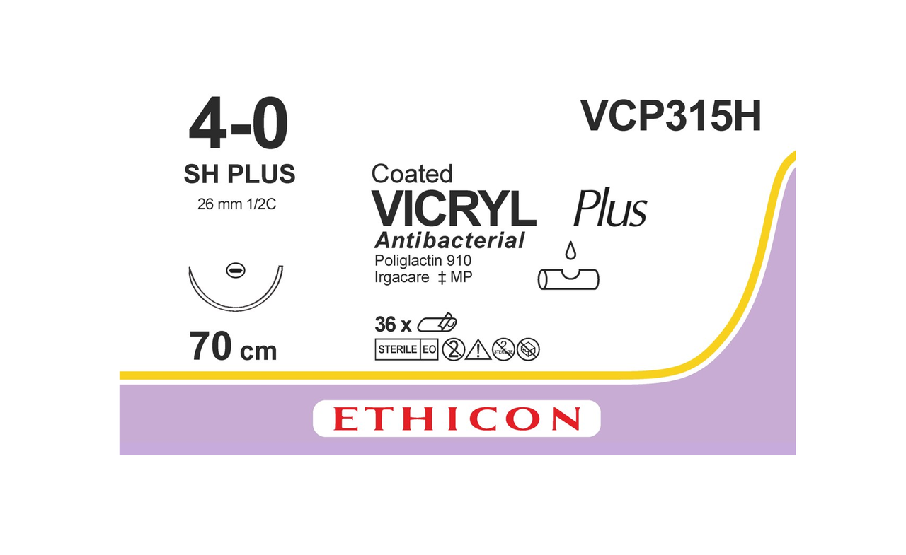Хірургічна нитка Ethicon Вікрил Плюс (Vicryl Plus) 4/0, довжина 70 см, кільк. голка 26 мм, VCP315H