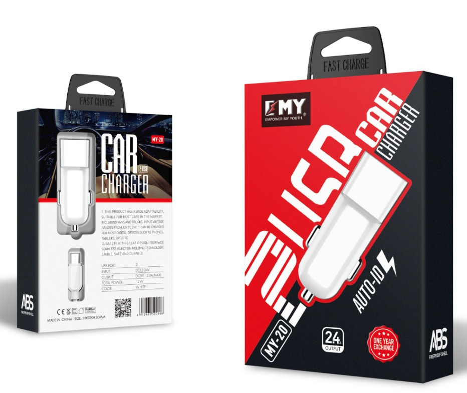 Набір 2 в 1 АЗУ With Micro-Usb Cable DC12-24V MY-20, 1 x USB, 5V / 12W, Output: 5V / 2.4A, White, Blister-, фото 1