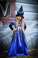 Костюм відьми для дівчаток карнавальний на Хелловін з синього атласу р. 32-40