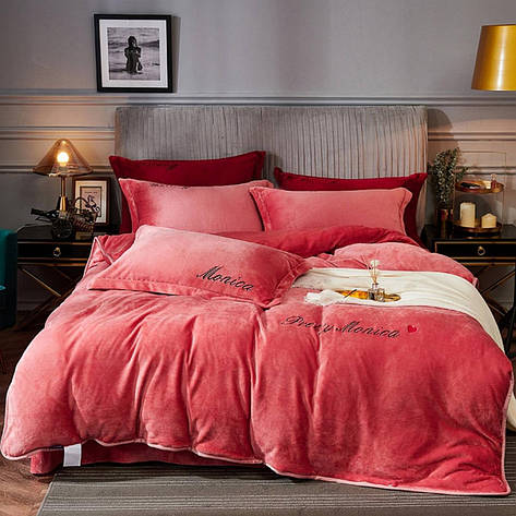 Тепла постільна білизна з велюру Monica євро розмір - кораловий, фото 1