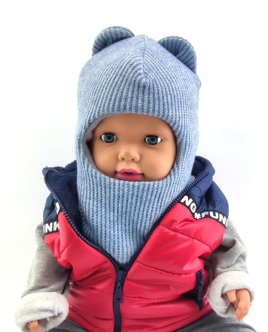 Дитяча в'язана шапка шолом тепла з флісом дитячі головні убори блакитний (ШДТ251)