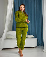 Махровая (травка) тёплая женская пижама зелёная-оливка 44,46,48,50,52,54,56