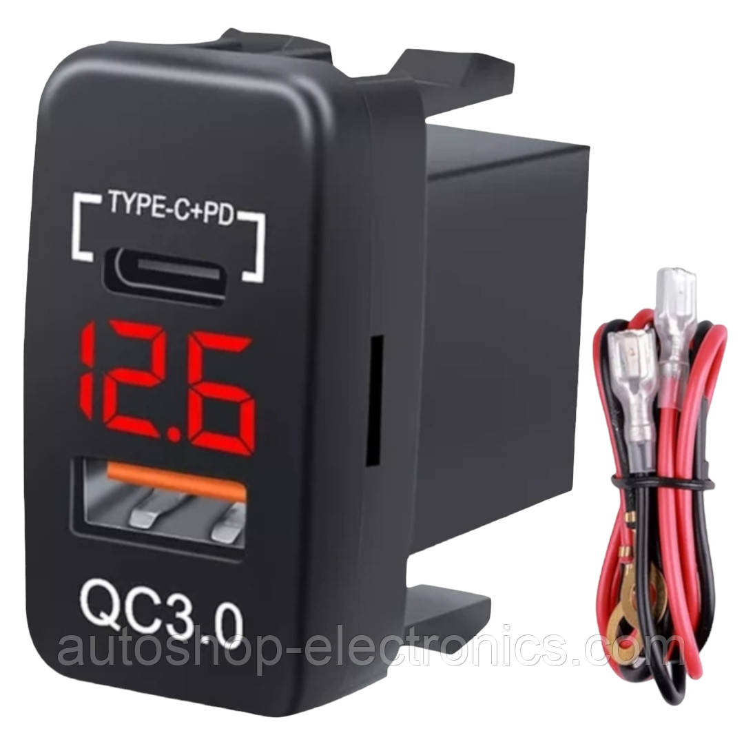 Адаптер живлення Type C / PD + QC 3.0 (12В - 24В) + ВОЛЬТМЕТР / Швидка зарядка USB / Автомобільний зарядний пристрій