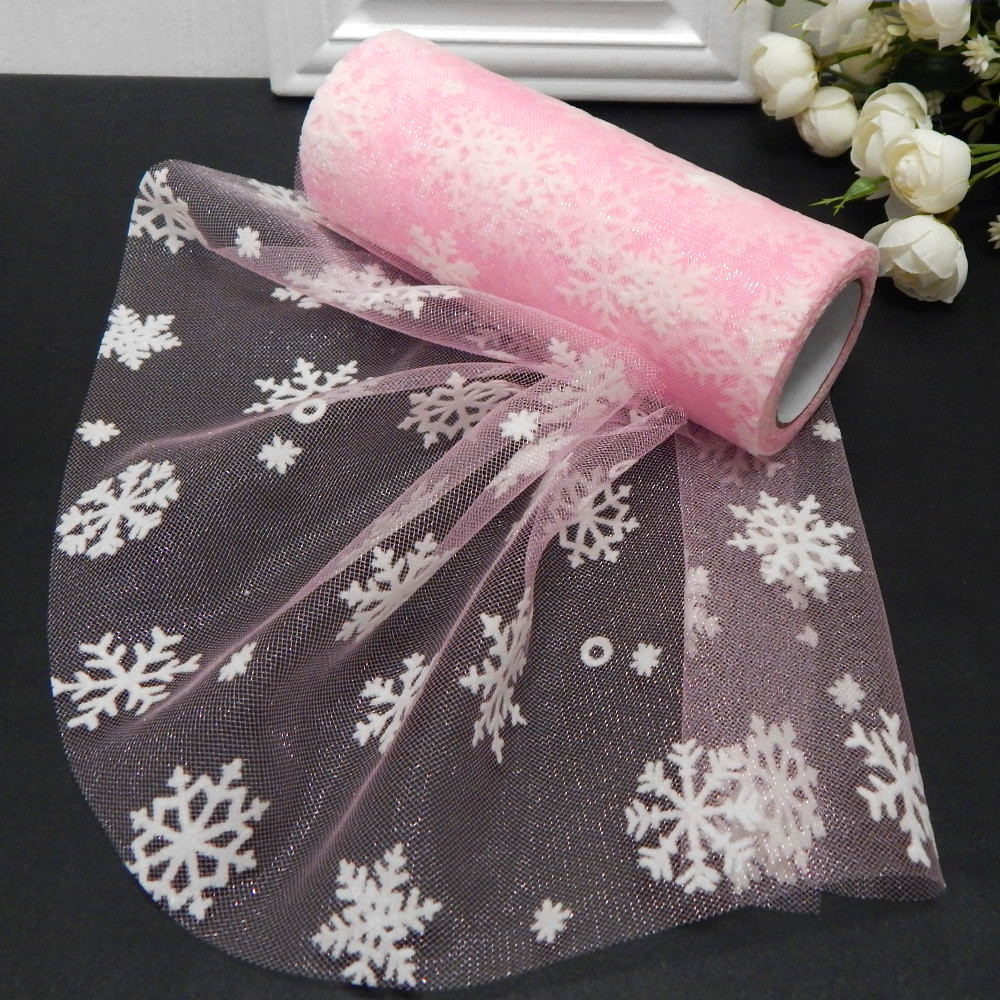 Фатин в рулончиках 15 см, з візерунком сніжинки флок, рожевий