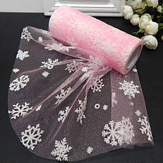 Фатин в рулончиках 15 см, з візерунком сніжинки флок, рожевий