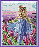 Набір для вишивання хрестиком " Дівчина та поле квітів" (з малюнком на канві) 27 х 34 см