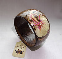 Деревянный браслет коричневый ручной работы "Розовый Пион"