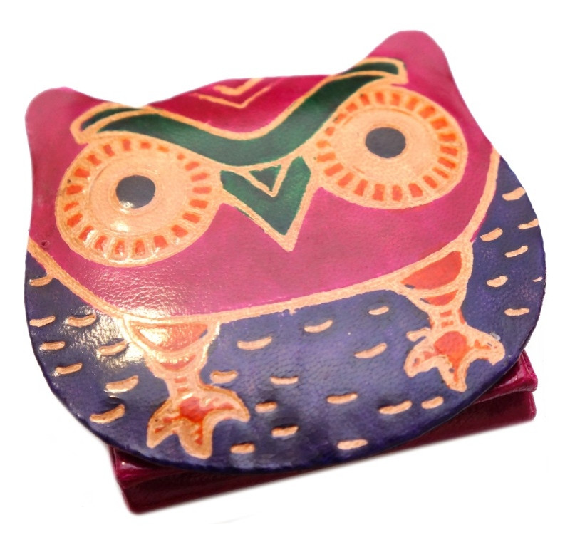Гаманець шкіряний на кнопці ZOO Сова Малиновий, фото 1
