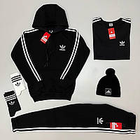 Мужской утепленный спортивный костюм Adidas 5в1 черный с капюшоном | Комплект зимний Адидас худи и штаны (Bon)