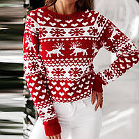 Женский новогодний свитер с оленями красный с белым без горла шерстяной (Bon)