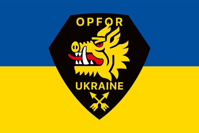 Прапор 214 Окремого спеціального батальйона «OPFOR» ЗСУ синьо-жовтий