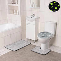 Набор ковриков для ванной и туалета 3шт. Серый-Звезды, коврики в ванную и чехол для унитаза светящиеся (ST)