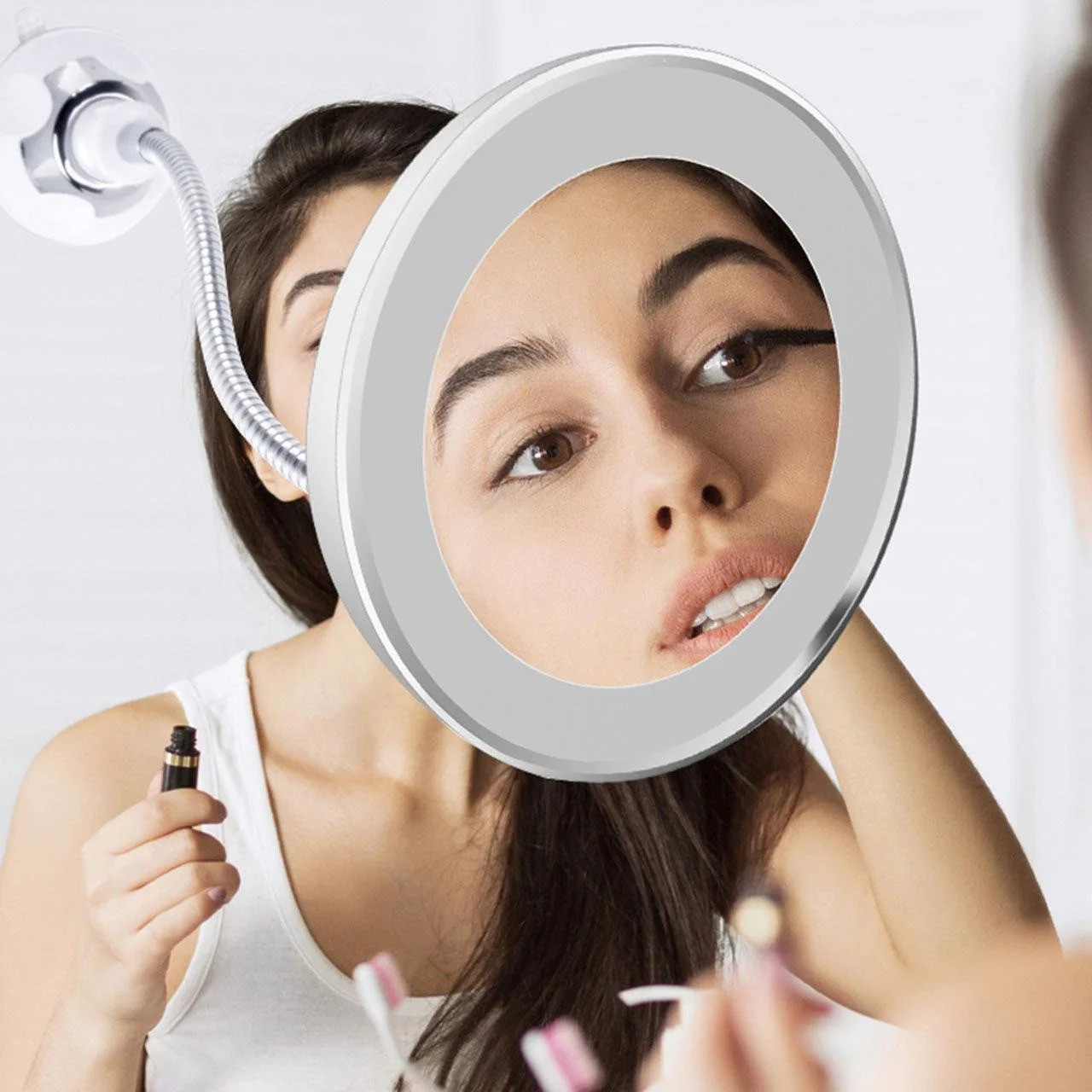 Кругле збільшувальне дзеркало з підсвіткою для макіяжу Flexible Mirror x10 на присоску (ST)